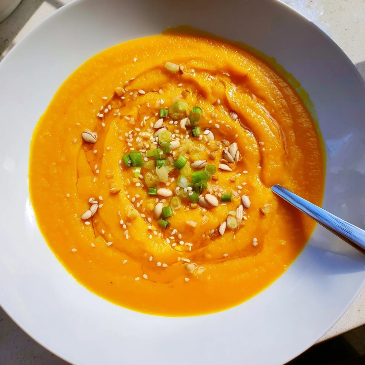 Carrot Ginger Miso Soup Recipe in bowl, smooth orange texture, scallions