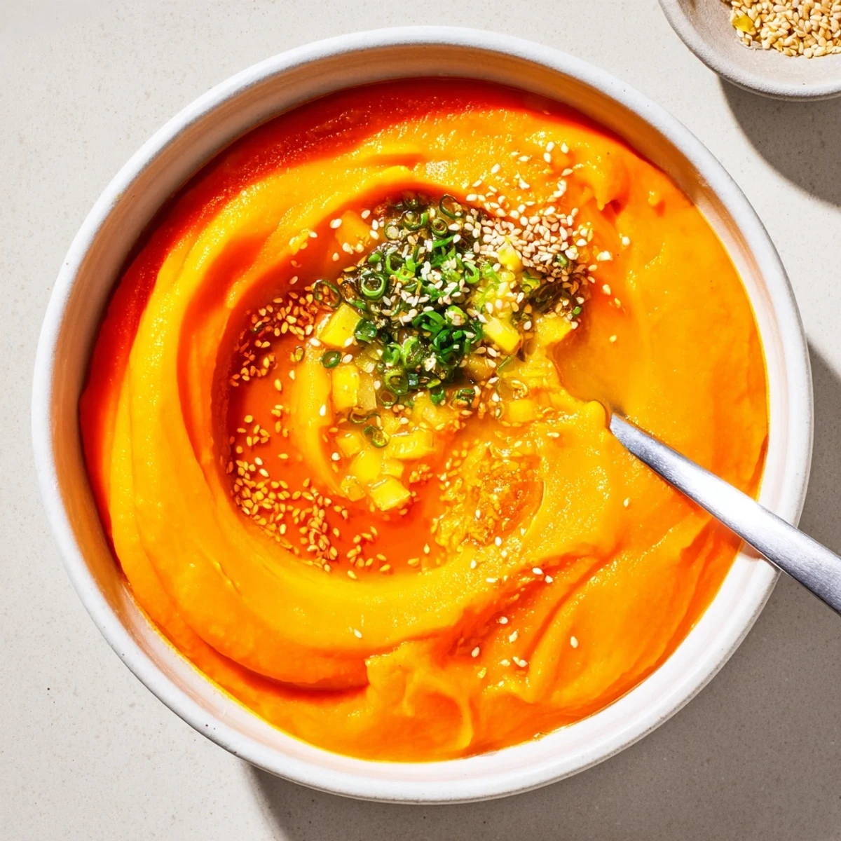 Warm Carrot Ginger Miso Soup Recipe served with crusty bread, sesame drizzle