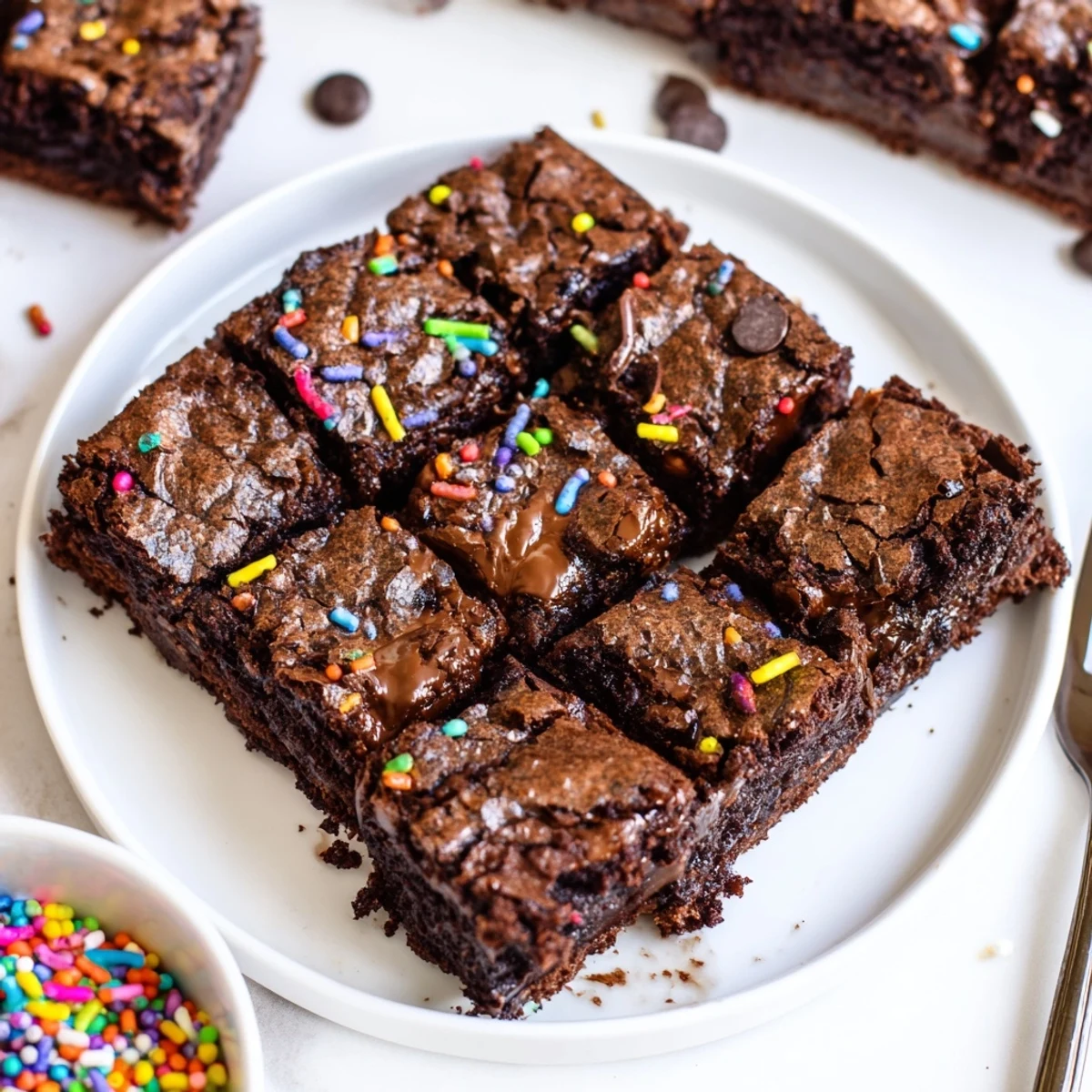 Sourdough Cosmic Chocolate Brownies with glossy fudgy center and rainbow sprinkle topping