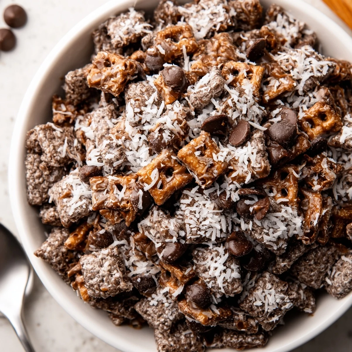 Samoas Puppy Chow Cereal piled on parchment, glossy chocolate-caramel, toasted coconut