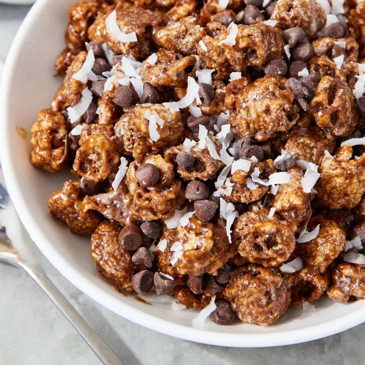 Warm Samoas Puppy Chow Cereal cooling on sheet, sweet toasted coconut aroma