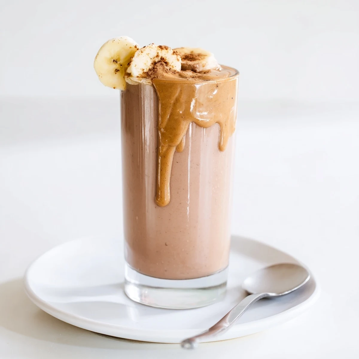 Creamy Chocolate Peanut Butter Banana smoothie, thick and frothy, topped with cocoa.