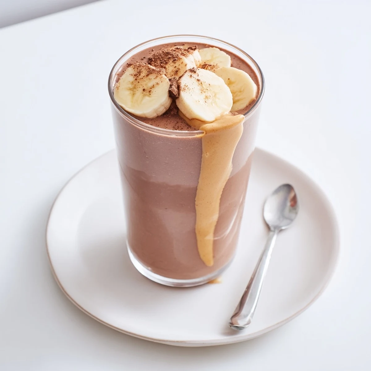 Quick Chocolate Peanut Butter Banana breakfast smoothie, chilled glass with maple drizzle.