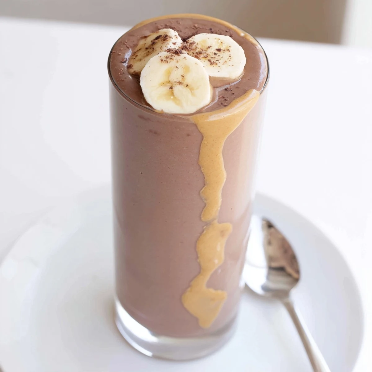 Decadent Chocolate Peanut Butter Banana shake served as dessert, velvety, nutty, cold.