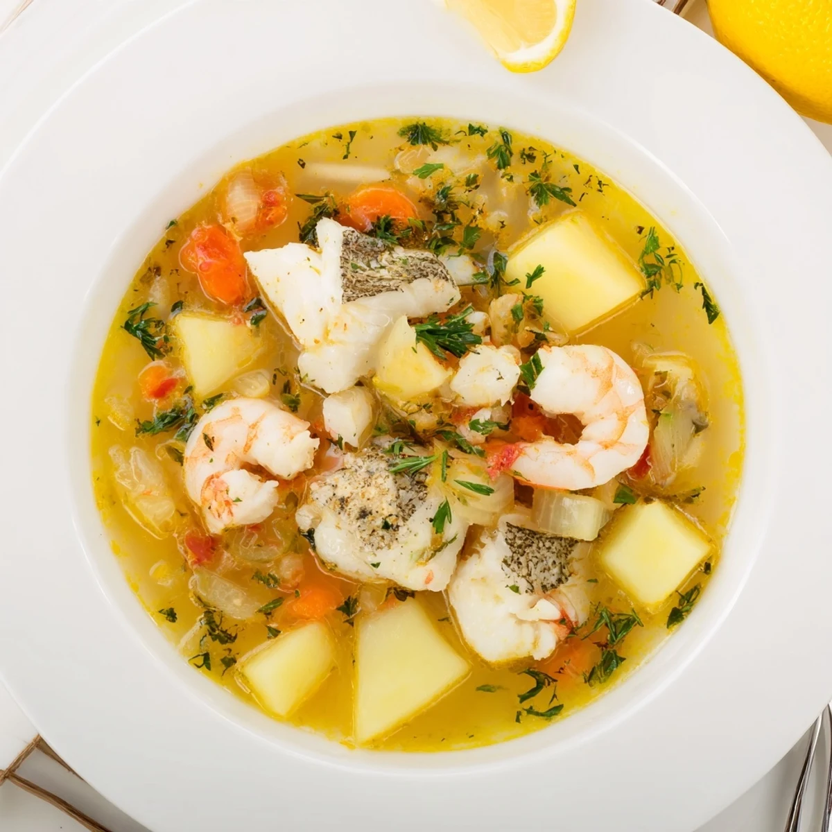 Steaming Fish Soup with flaky white fish, potatoes, and fresh parsley  