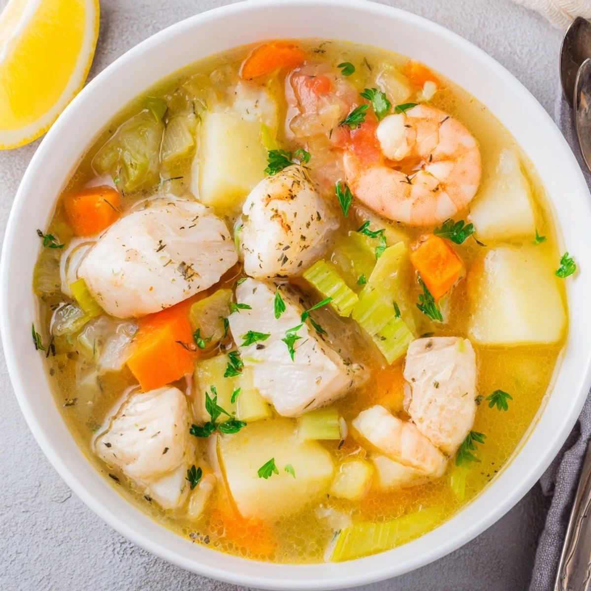 Bowl of Fish Soup garnished with lemon wedge and crusty bread  