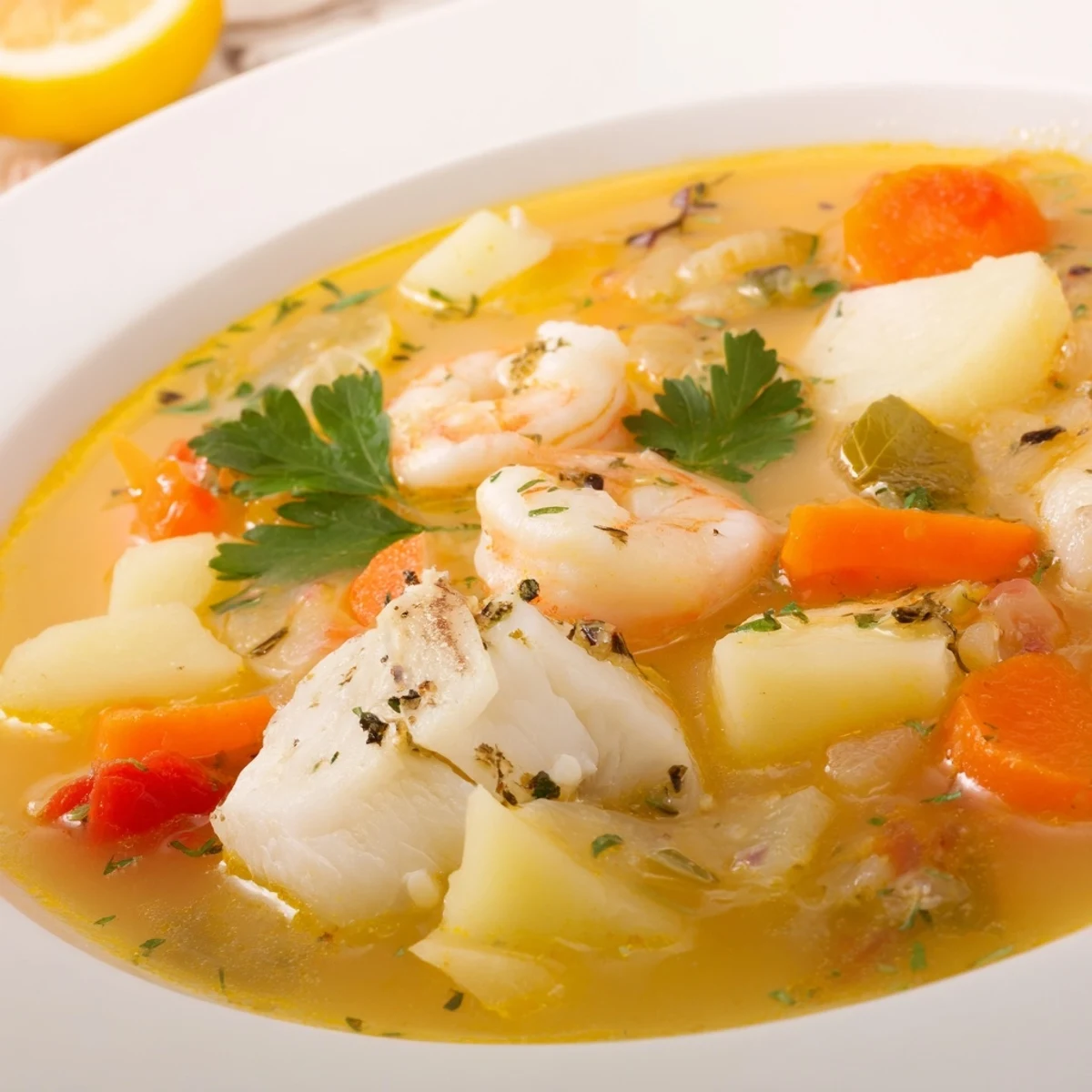 Comforting Fish Soup simmered with tomatoes, celery, garlic, and aromatic herbs