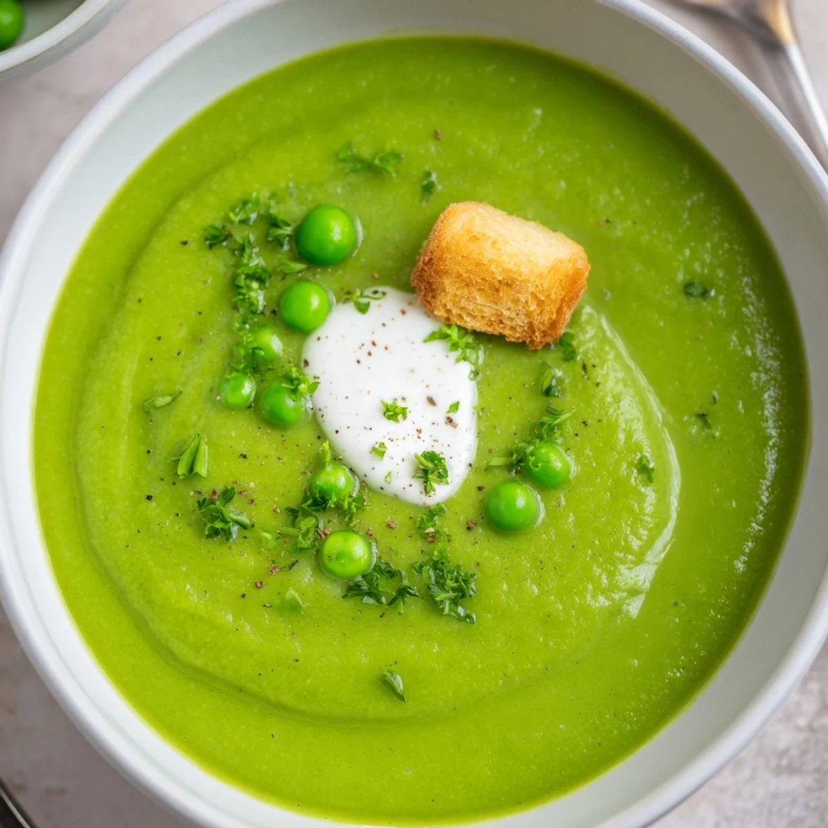 Pea Soup with creamy swirl, bright green, garnished with parsley and croutons