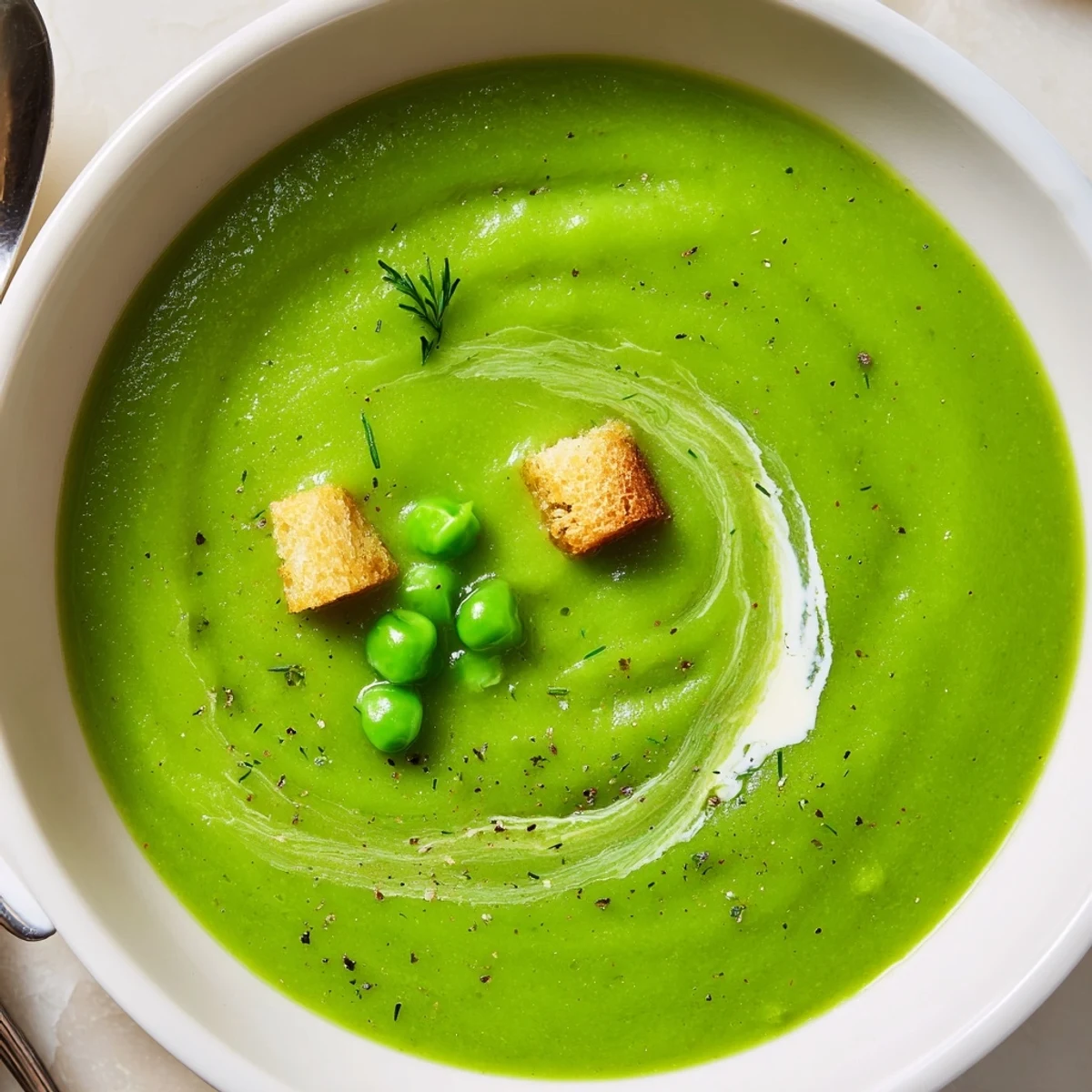Bowl of Pea Soup steaming on wooden table, crusty bread beside