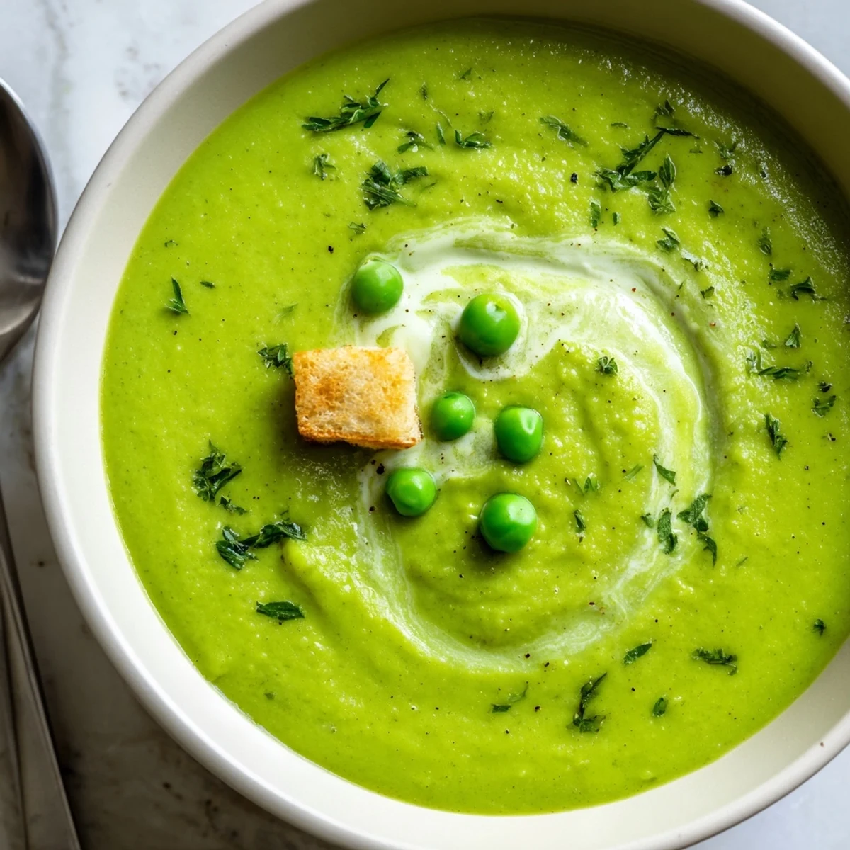 Velvety Pea Soup pureed from peas and herbs, finished with yogurt