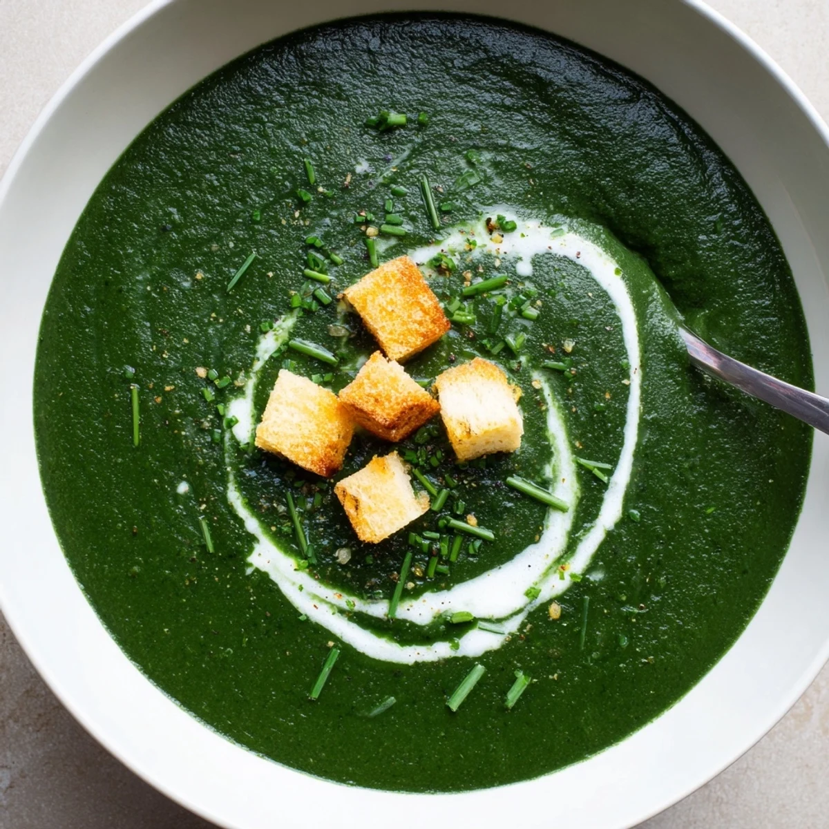 Creamy Spinach Soup steaming in bowl, garnished with cream and chives