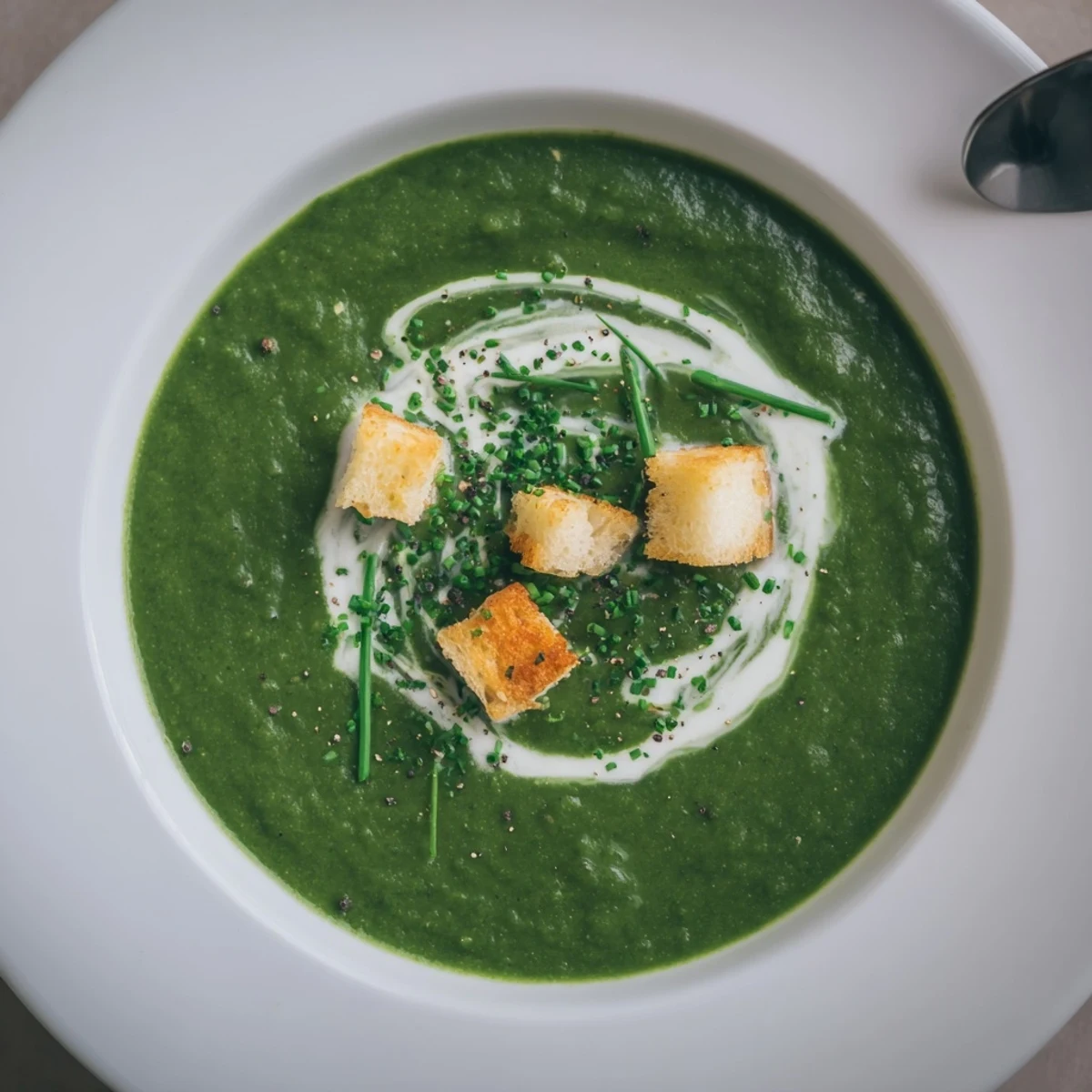 Bowl of vibrant Spinach Soup, silky texture, served with toasted bread