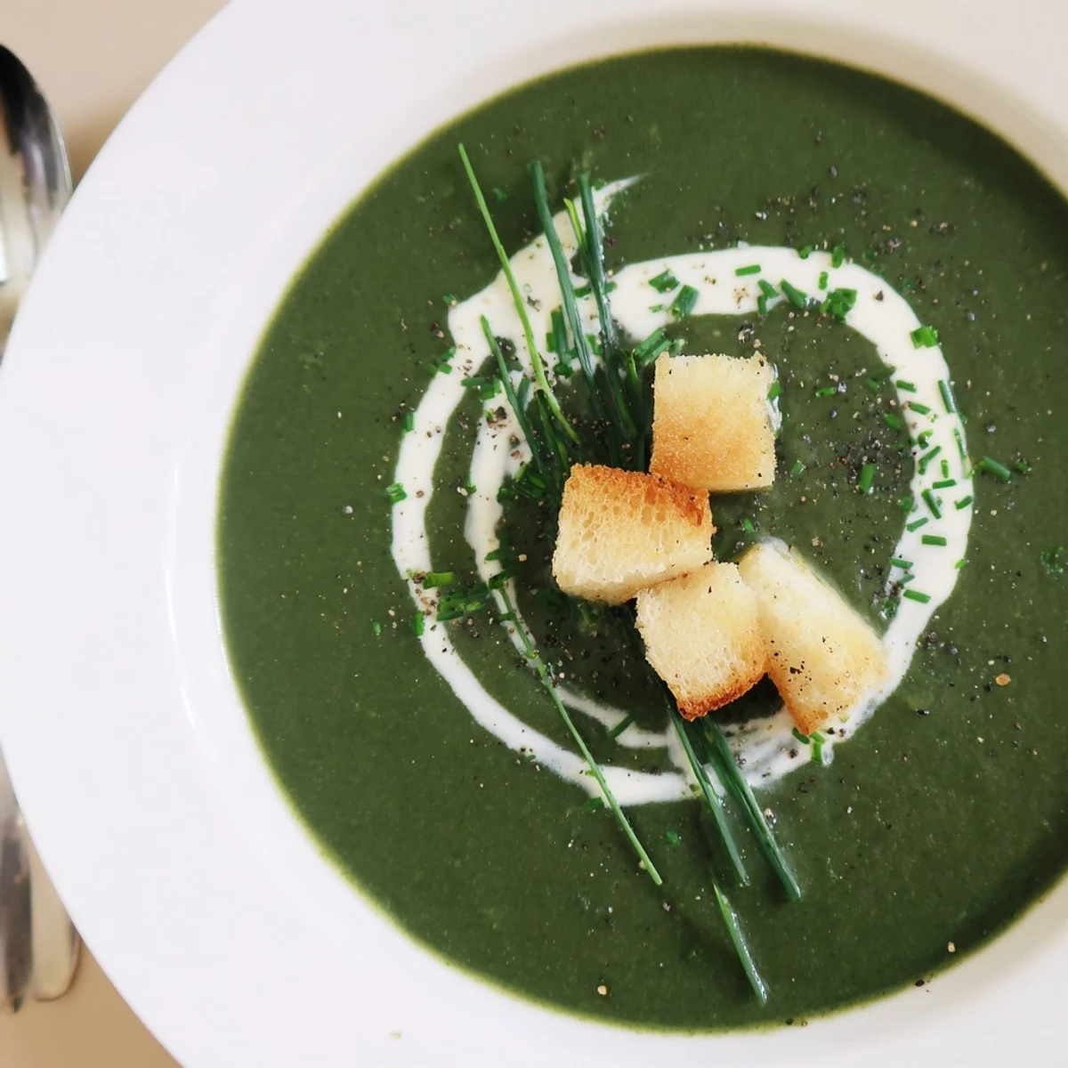 Homemade Spinach Soup blended smooth, nutmeg aroma, topped with crunchy croutons