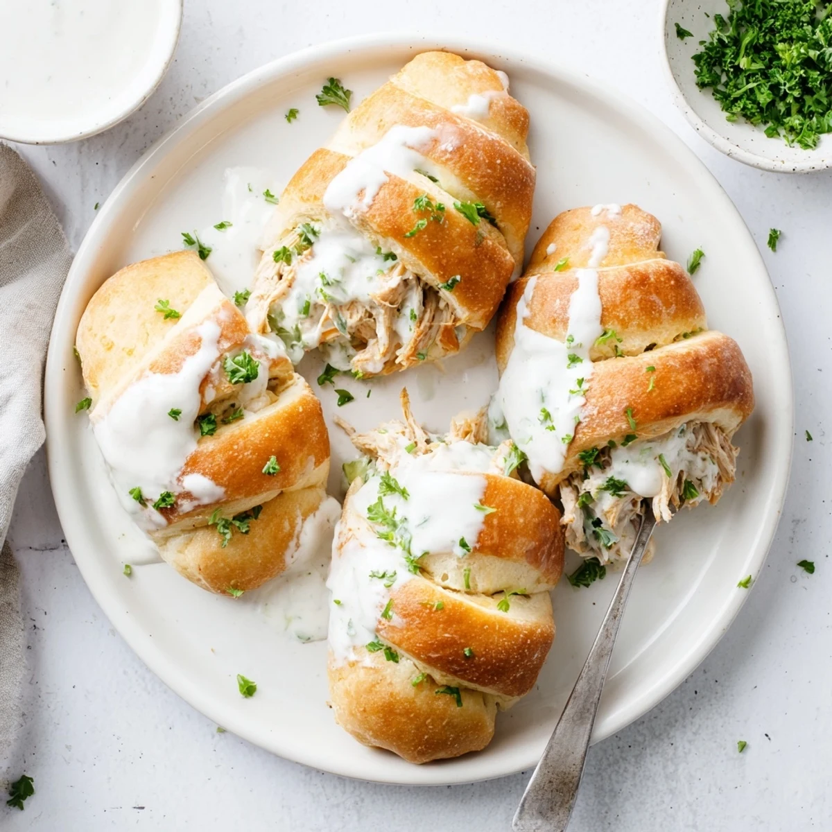 Tender chicken wrapped in buttery crescent pastry topped with rich white parmesan sauce