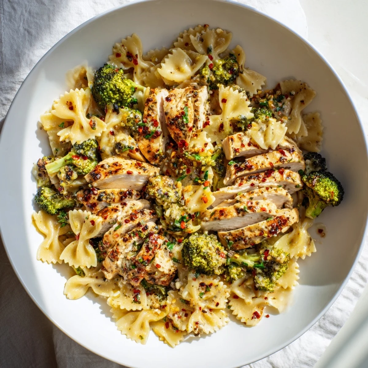 Golden sliced chicken dripping with zesty cowboy butter served over lemony bowtie pasta and crisp broccoli florets