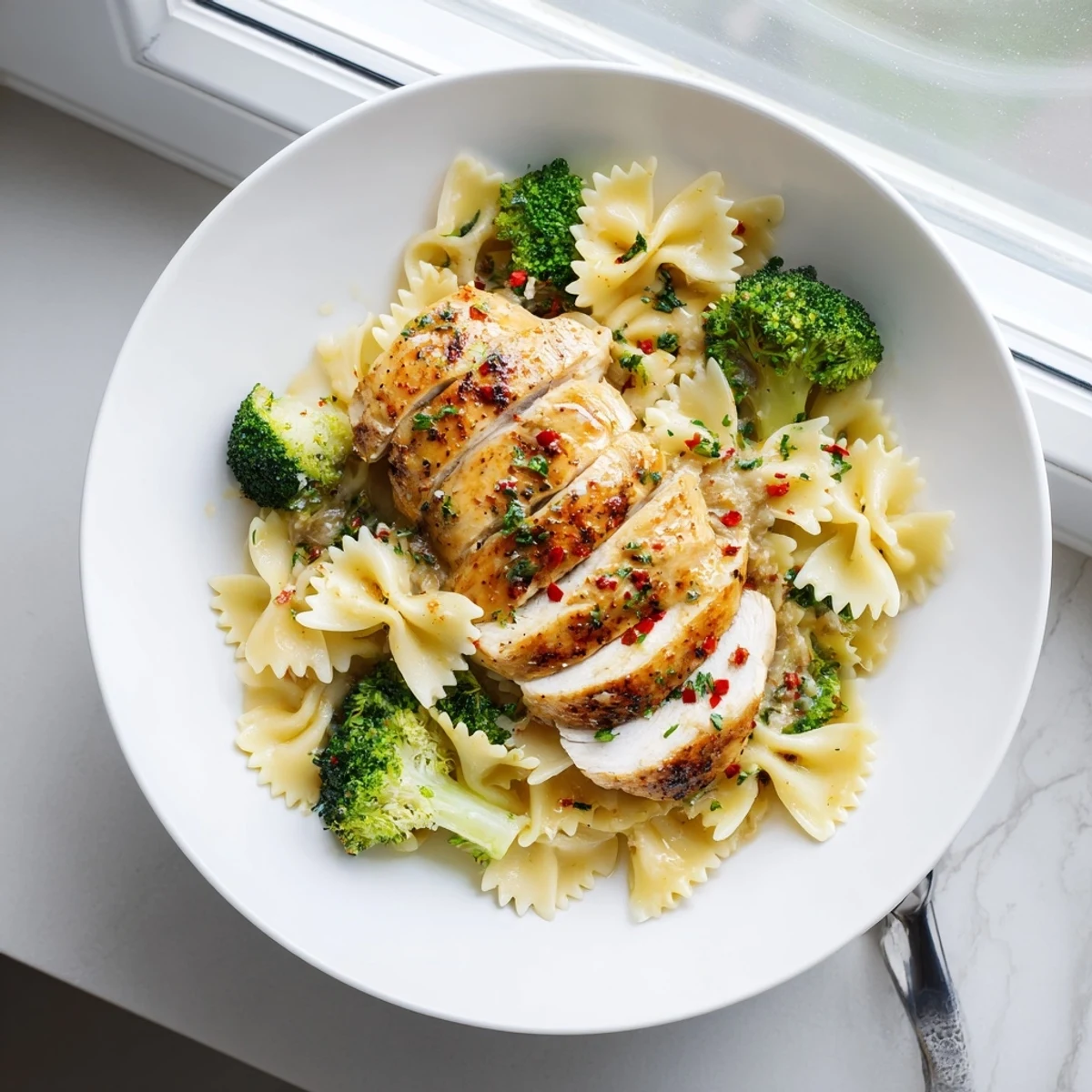 Colorful plate of cowboy butter chicken slices resting on seasoned bowtie pasta with vibrant crisp-tender broccoli
