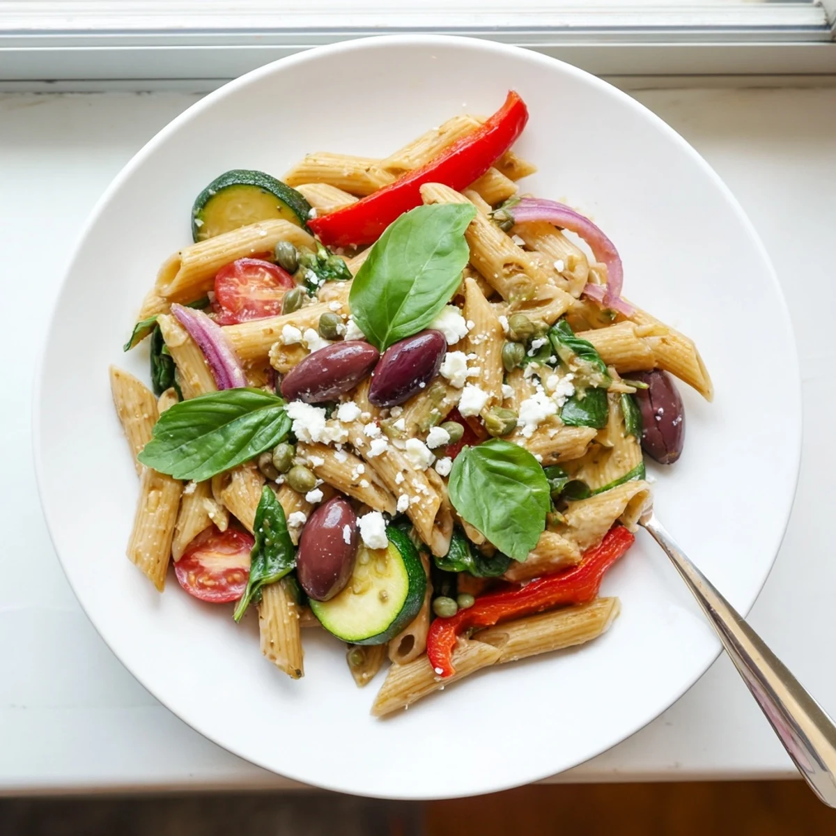 Mediterranean one pot pasta with colorful vegetables, olives, and melted feta cheese topping
