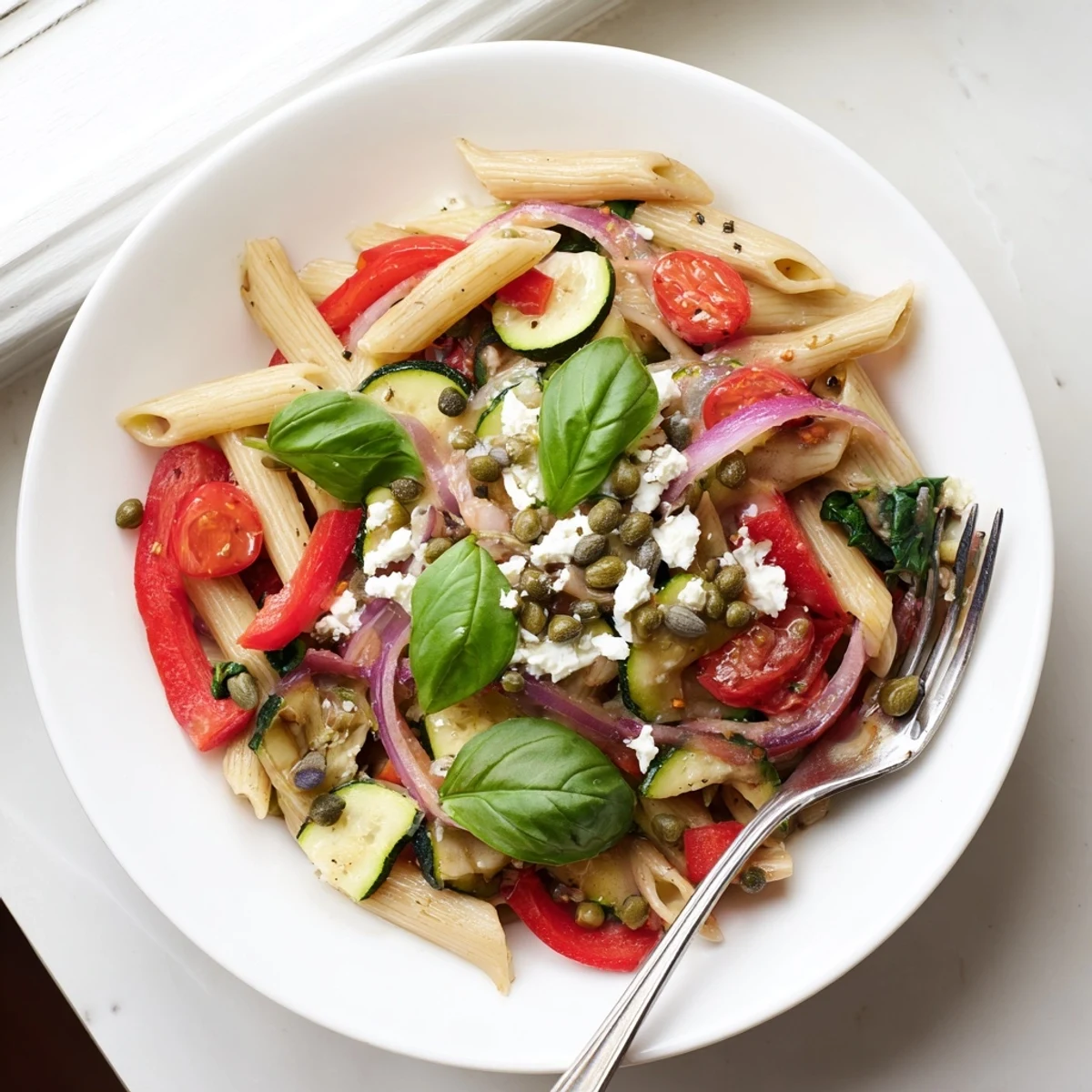 Steaming Mediterranean one pot pasta in a rustic skillet loaded with zucchini and bell peppers