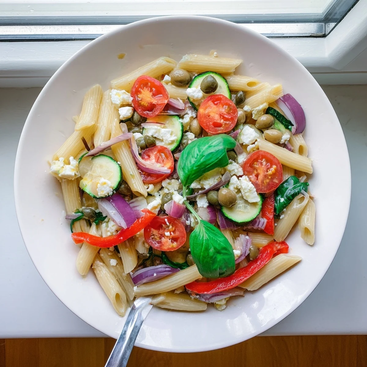 Garnished bowl of Mediterranean one pot pasta featuring fresh basil and juicy cherry tomatoes