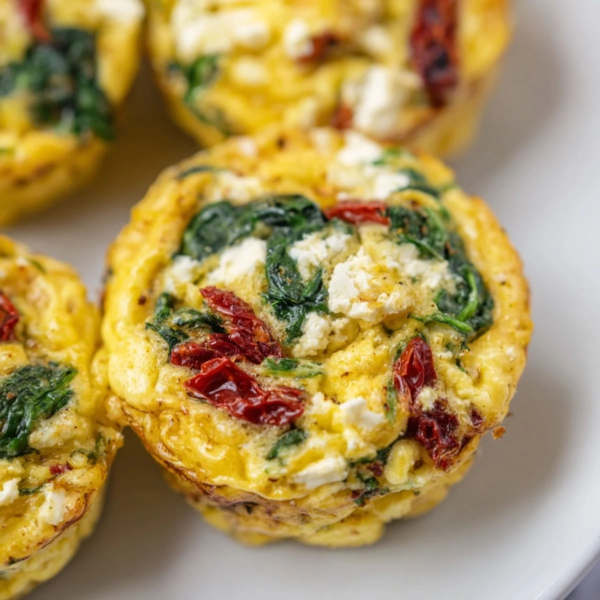 Mediterranean breakfast egg muffins featuring wilted spinach crumbled feta and chopped sun dried tomatoes in muffin tin