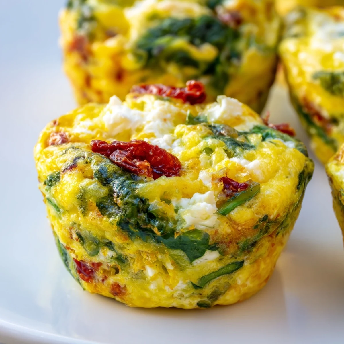 Golden spinach feta and sun dried tomato egg muffin cups fresh from the oven with green specks