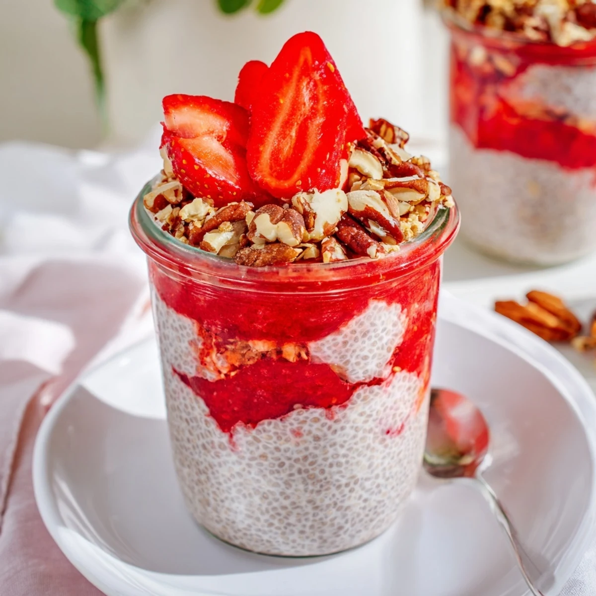 Creamy chia pudding layered with sweet strawberry compote and crunchy cinnamon oat crumble in clear glass