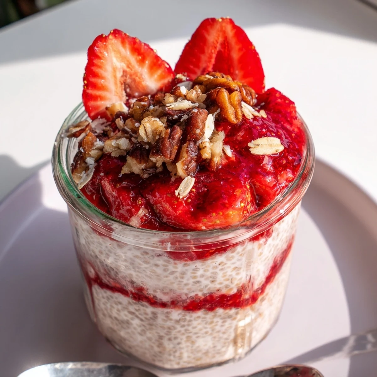 Glass jar displaying layered strawberry crumble chia pudding with vibrant red compote and golden oat topping