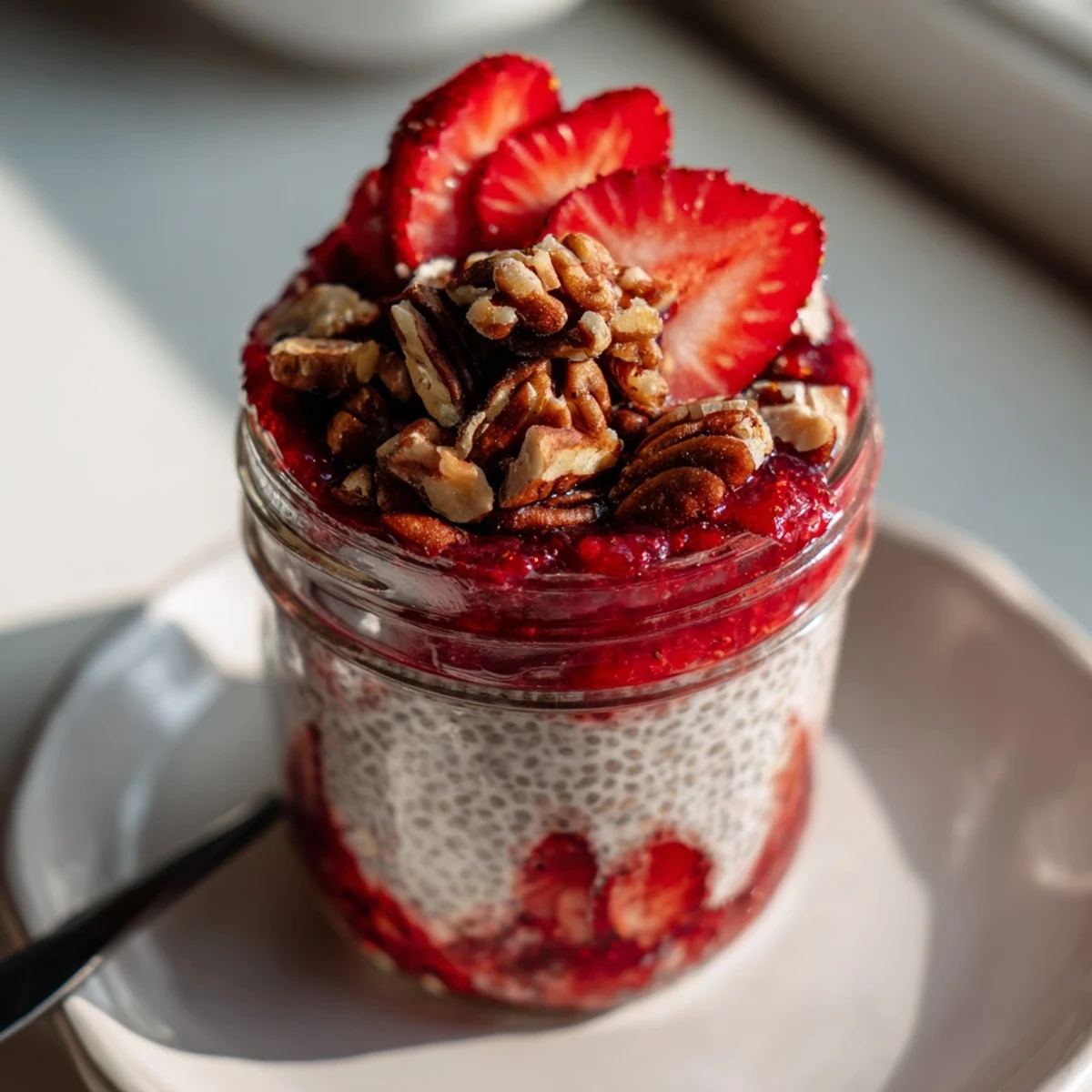 Healthy breakfast jar with strawberry compote, thick chia pudding, and toasted oat almond crumble layers