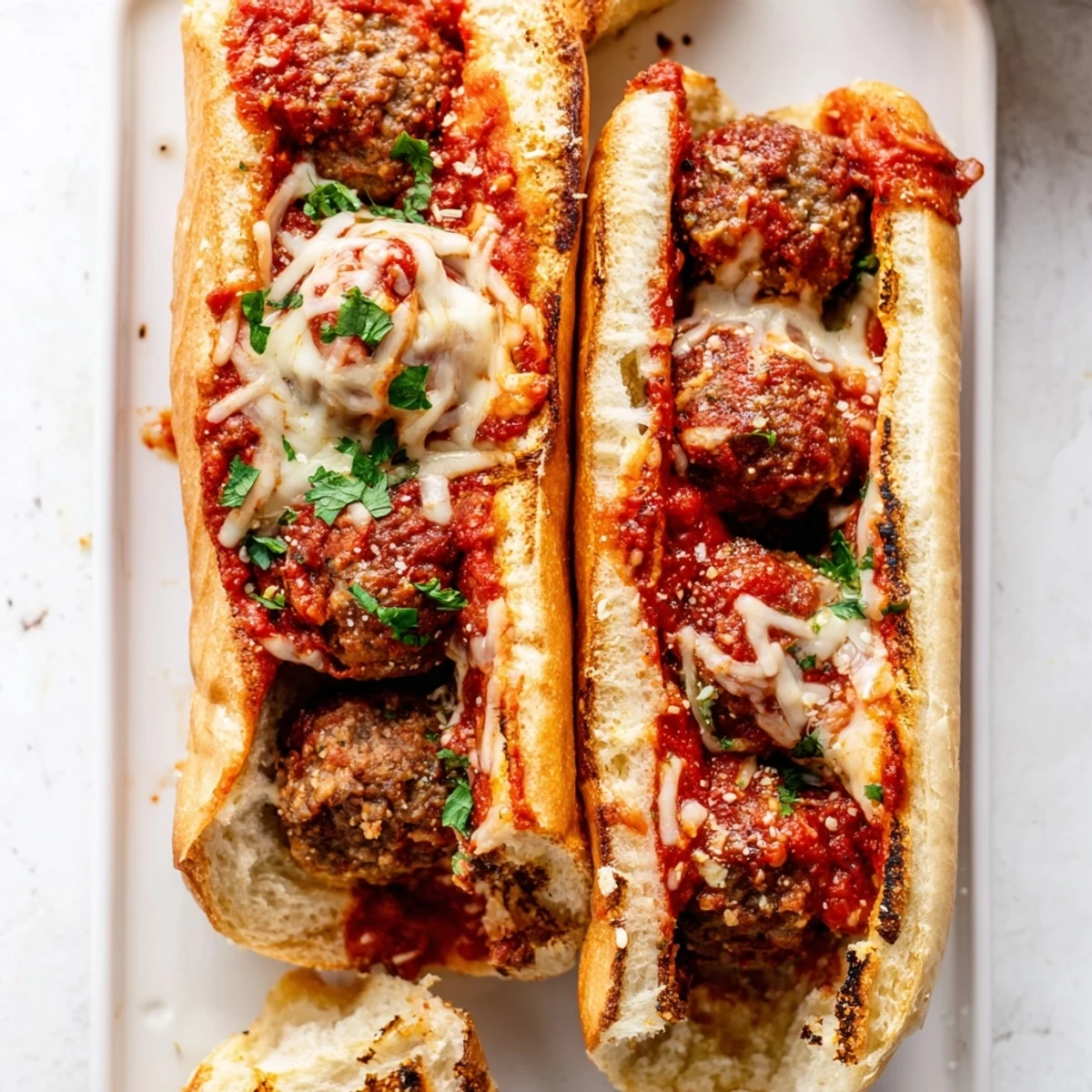 Golden toasted sub rolls piled high with meatballs in rich marinara and melted mozzarella cheese