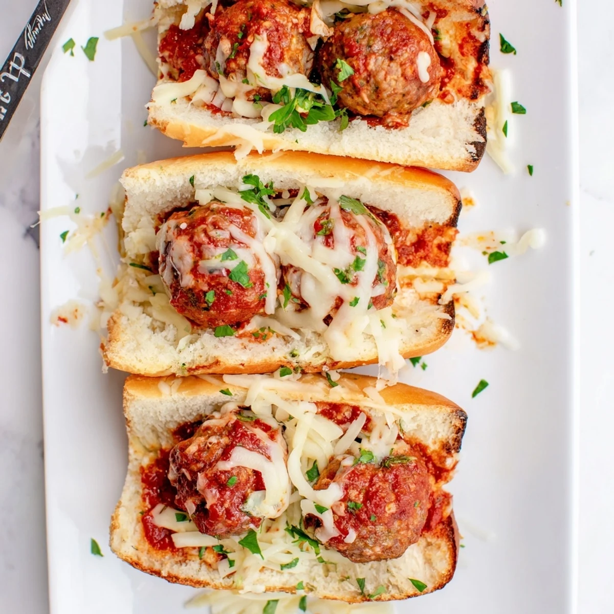 Comfort food sandwich with garlic-buttered roll overflowing with cheesy meatballs and zesty tomato sauce