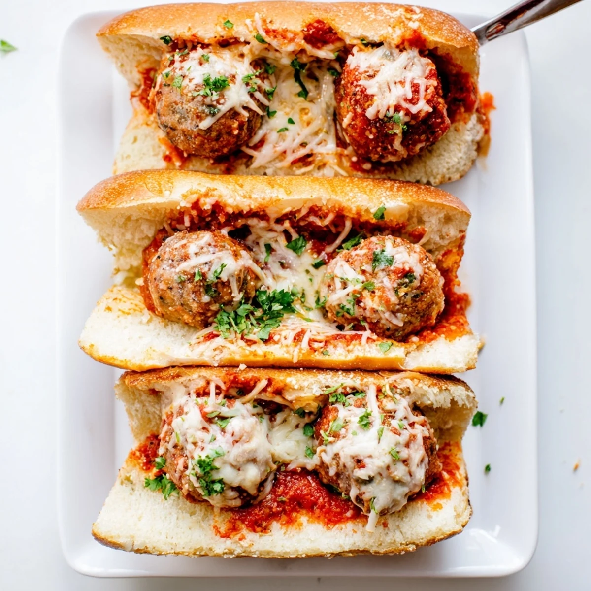 Savory meatball subs featuring tender beef coated in red sauce and topped with bubbly shredded cheese