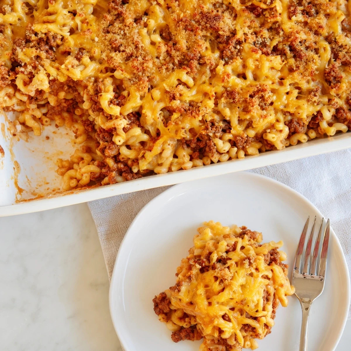 Golden brown Mac and Cheese Meatloaf Casserole with bubbling cheese topping and crispy breadcrumb garnish