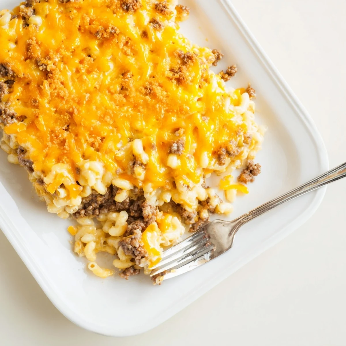 Baked Mac and Cheese Meatloaf Casserole fresh from oven with melted cheddar and golden crust