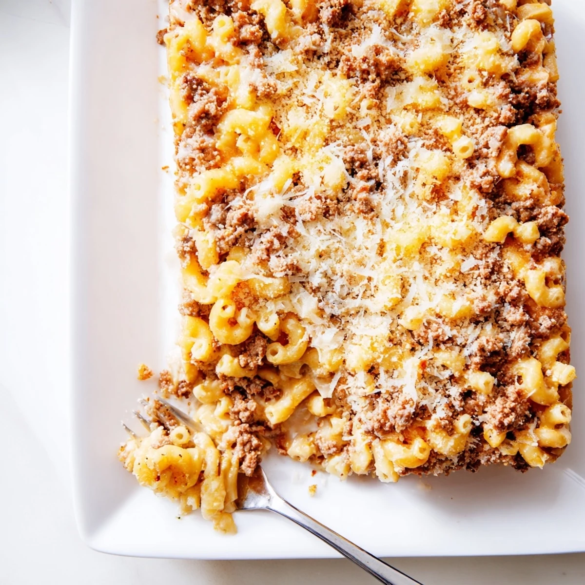 Sliced serving of Mac and Cheese Meatloaf Casserole showing layers of seasoned beef and creamy pasta