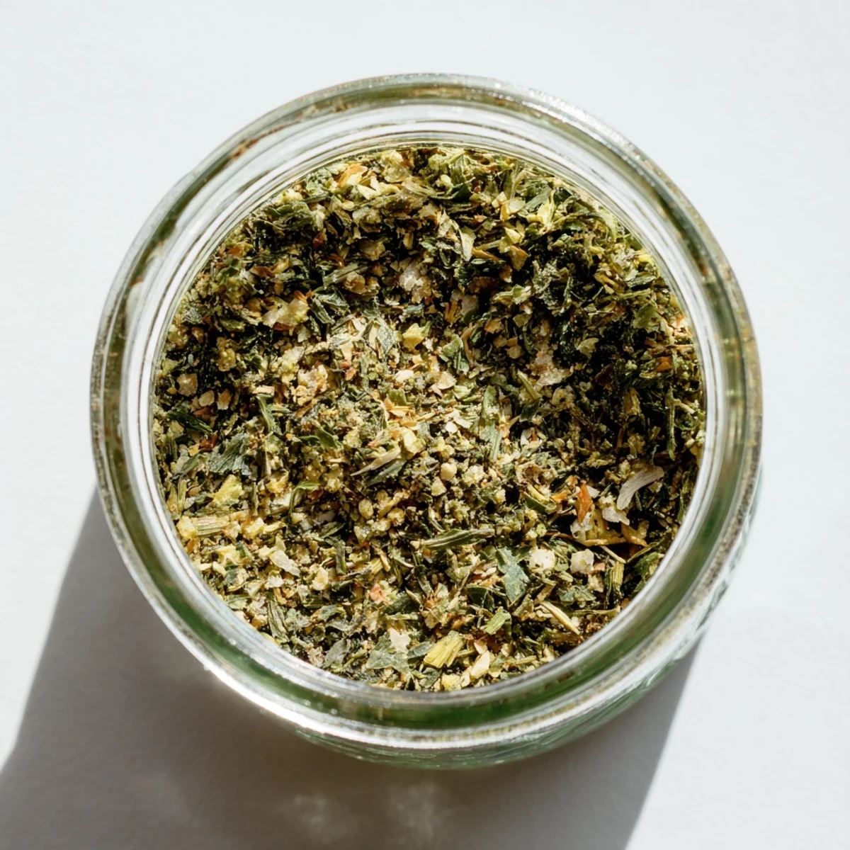 Glass jar filled with green Dehydrated Tzatziki Seasoning Mix beside fresh dill sprigs and measuring spoons