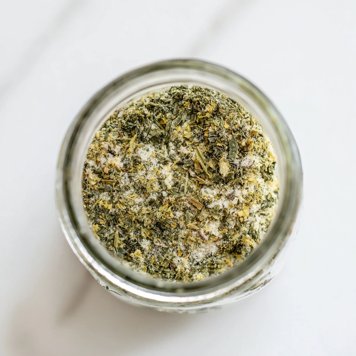 Close-up of aromatic Dehydrated Tzatziki Seasoning Mix sprinkled over creamy Greek yogurt in white serving bowl