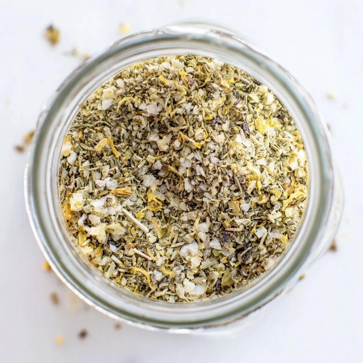 Rustic wooden table displaying homemade Dehydrated Tzatziki Seasoning Mix with dried herbs and small ceramic spice dish
