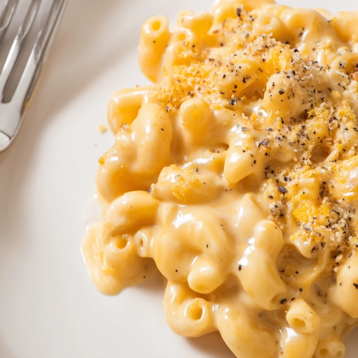 Creamy Mac And Cheese bubbling in skillet, crunchy breadcrumb topping and steam.