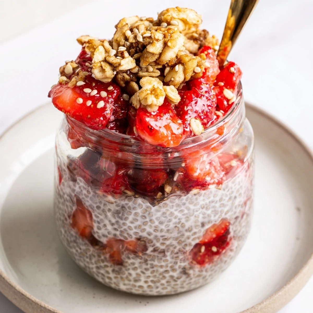 Creamy Strawberry Crumble Chia Pudding layered in jar with golden oat crumble