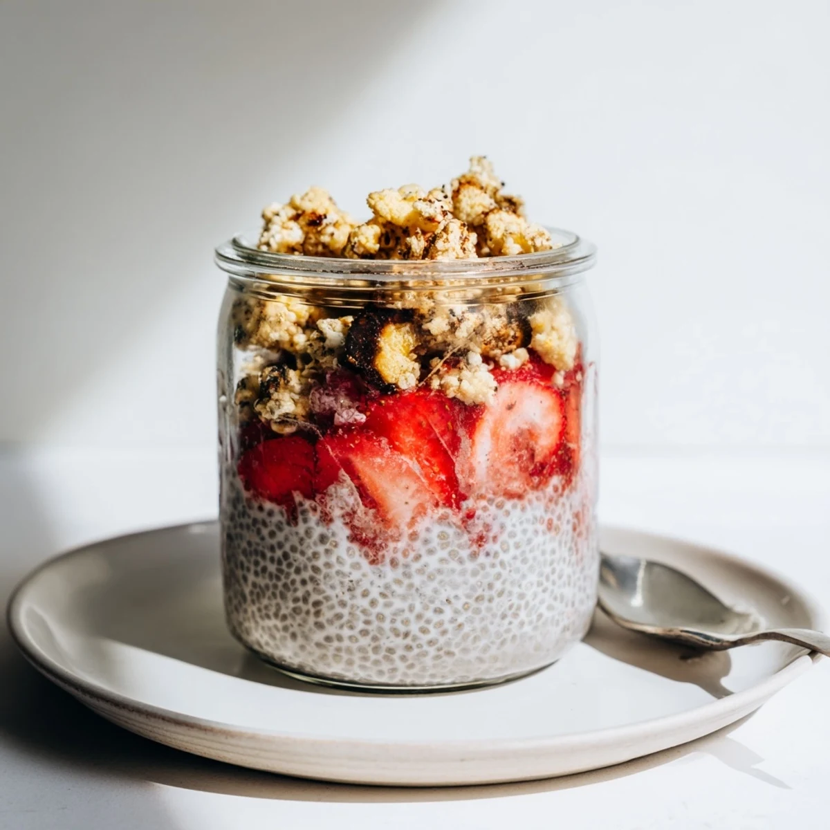 Chilled Strawberry Crumble Chia Pudding topped with bright mashed strawberries and mint