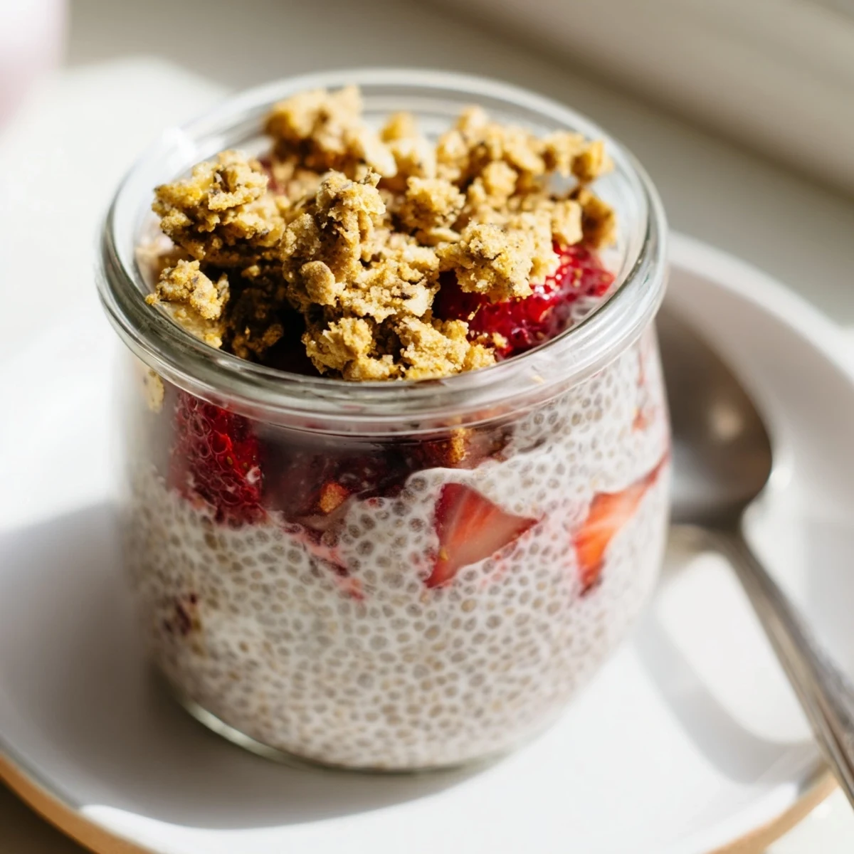 Spoon-ready Strawberry Crumble Chia Pudding with silky chia layer and crunchy crumble