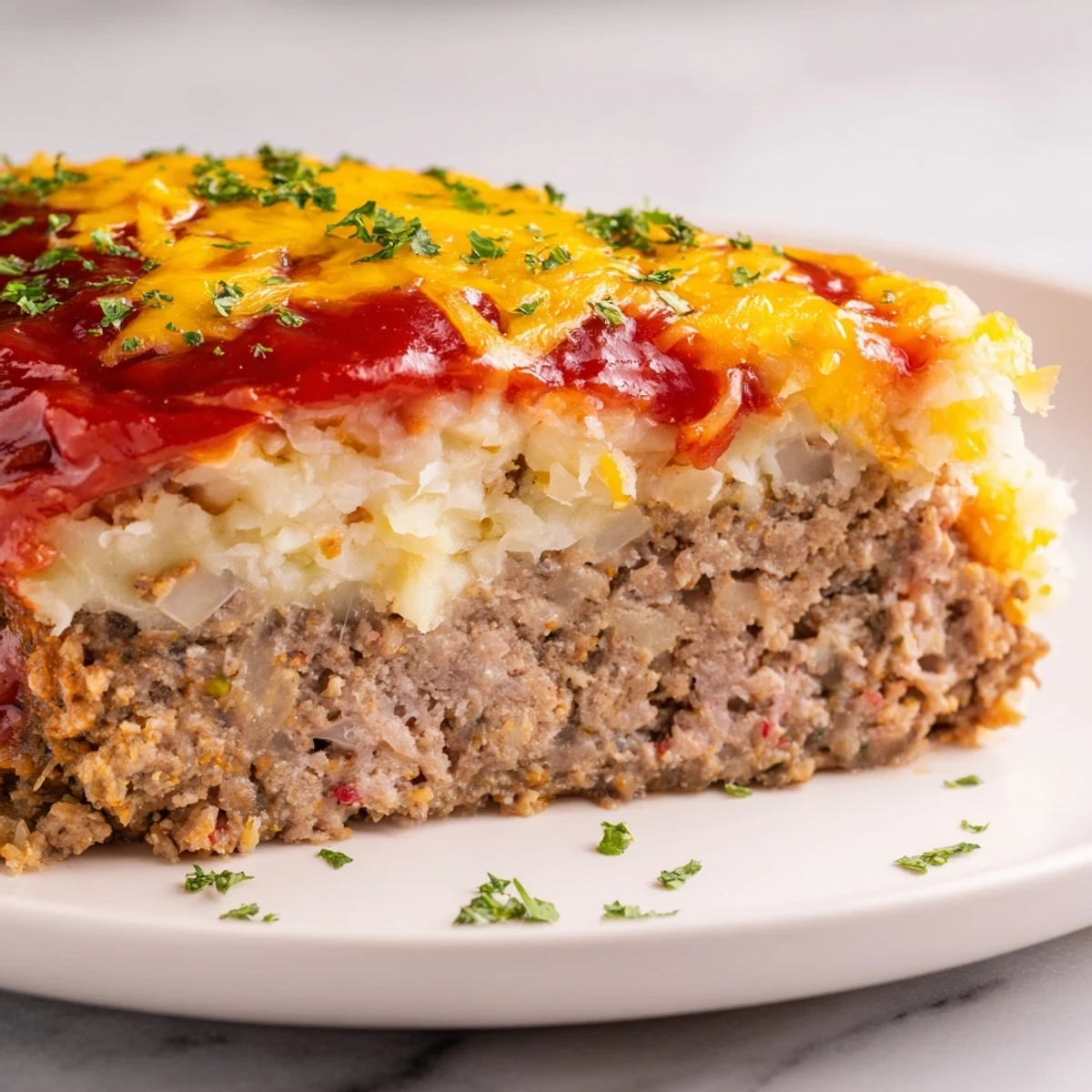 Baked Meatloaf Casserole glazed with sweet ketchup mustard sauce, fork-ready slices.