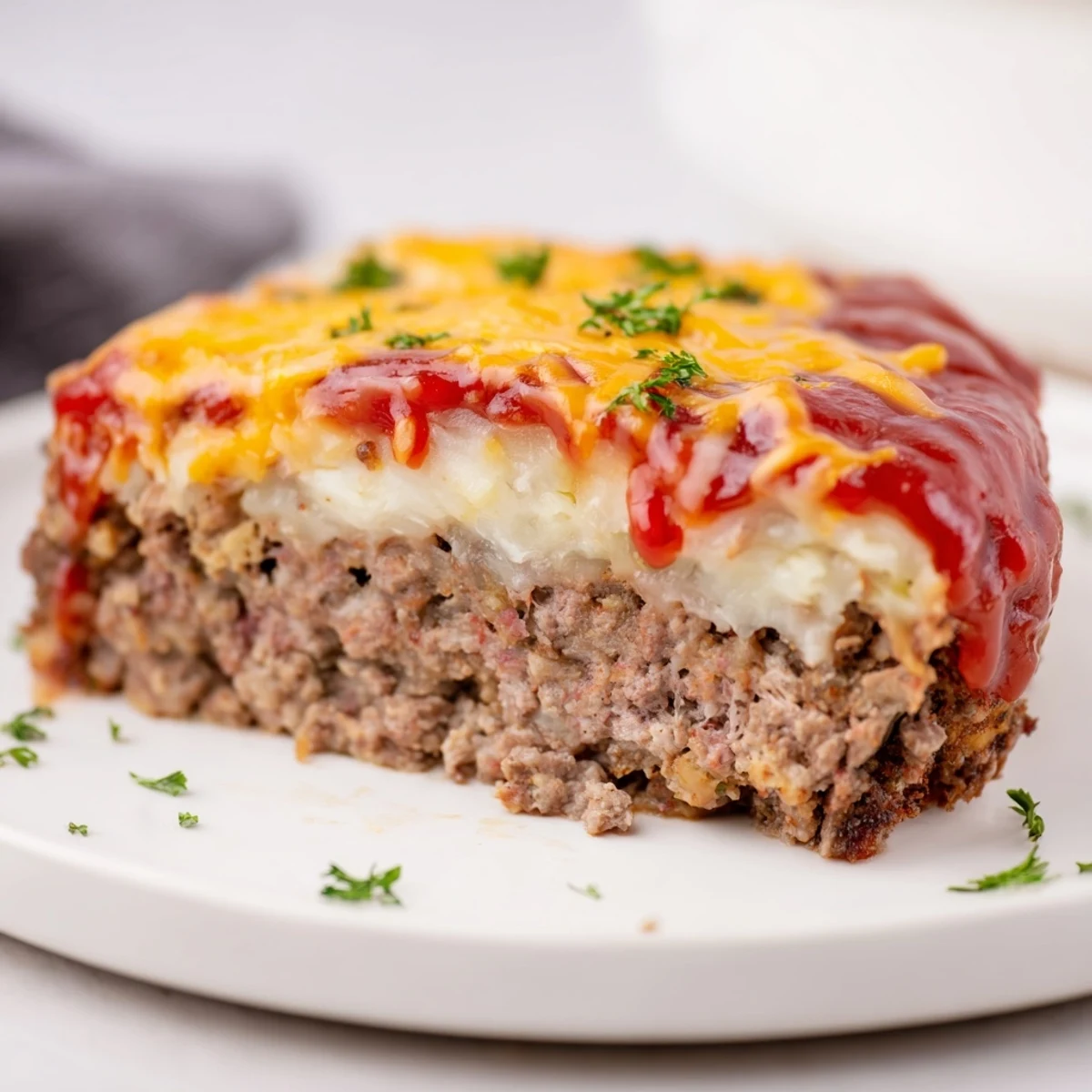 Comforting Meatloaf Casserole topped with browned cheddar, parsley, served warm family-style.