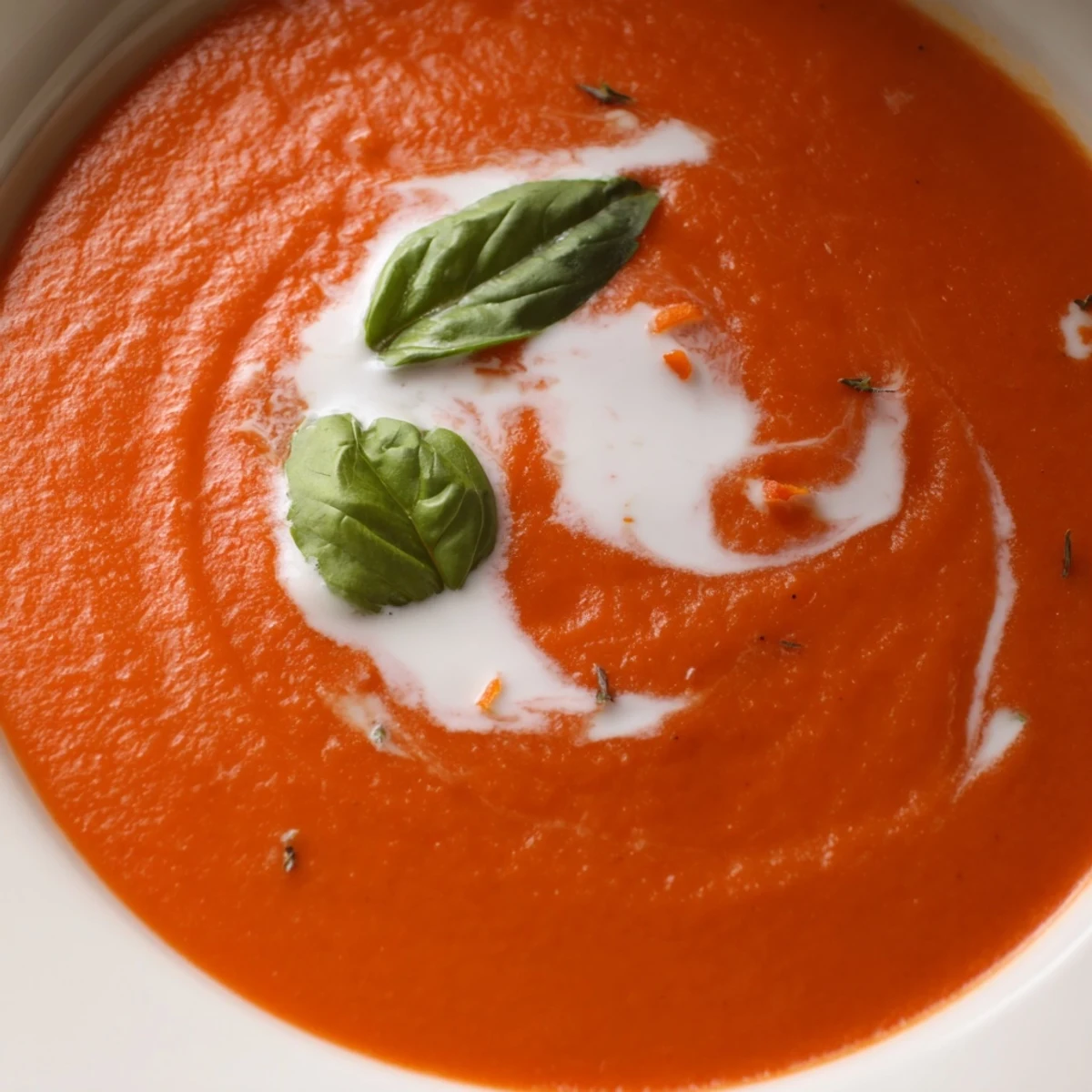 Creamy high protein tomato soup in a rustic bowl topped with fresh basil leaves