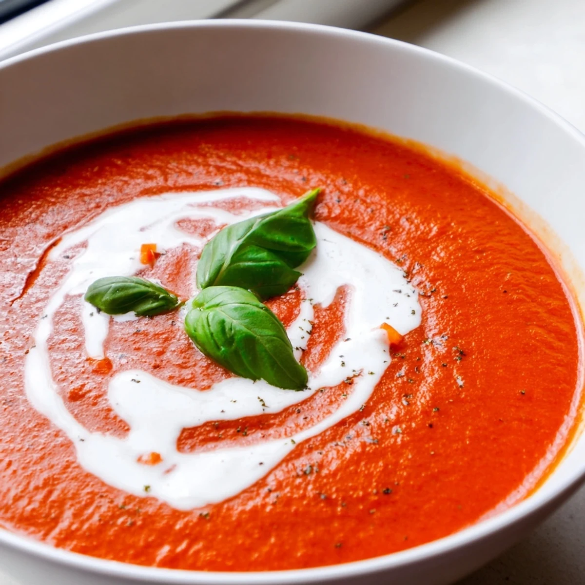 Vibrant red high protein tomato soup swirling with a creamy Greek yogurt garnish