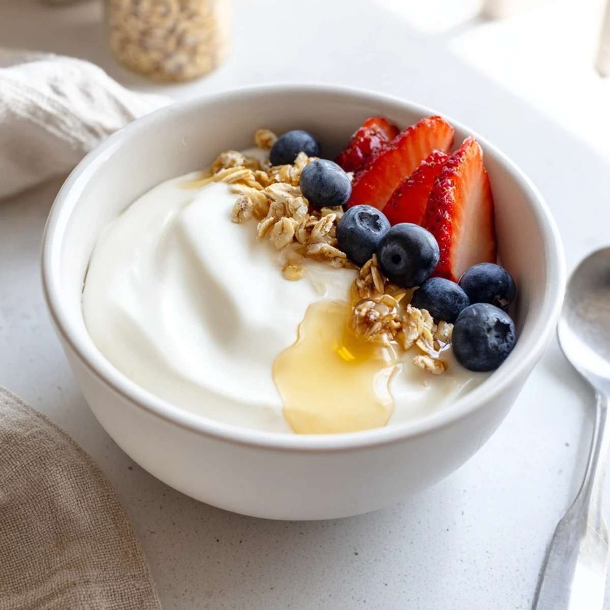 Smooth tangy homemade yogurt drizzled with golden honey and scattered granola