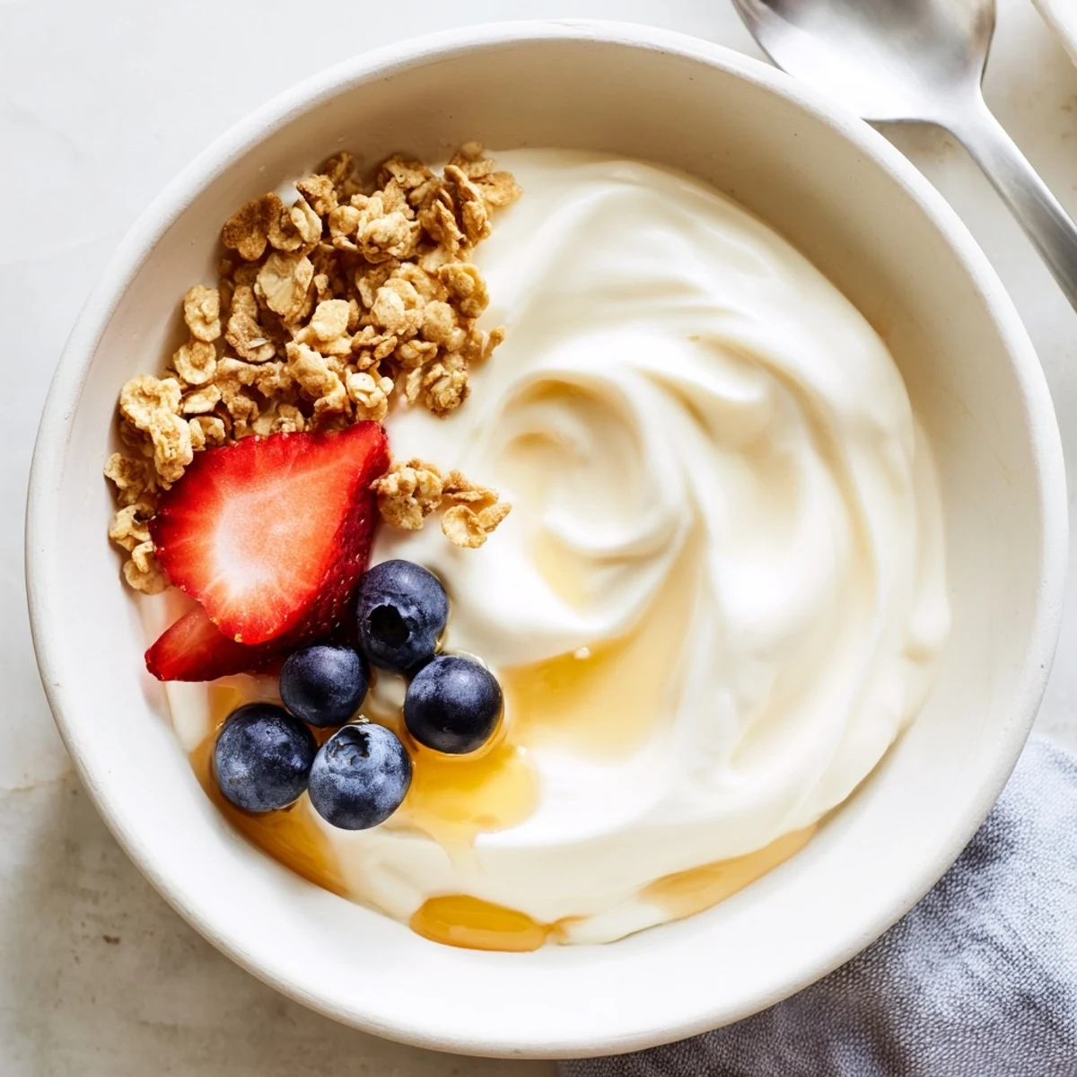 Thick velvety homemade yogurt swirled in a bowl beside ripe sliced fruit