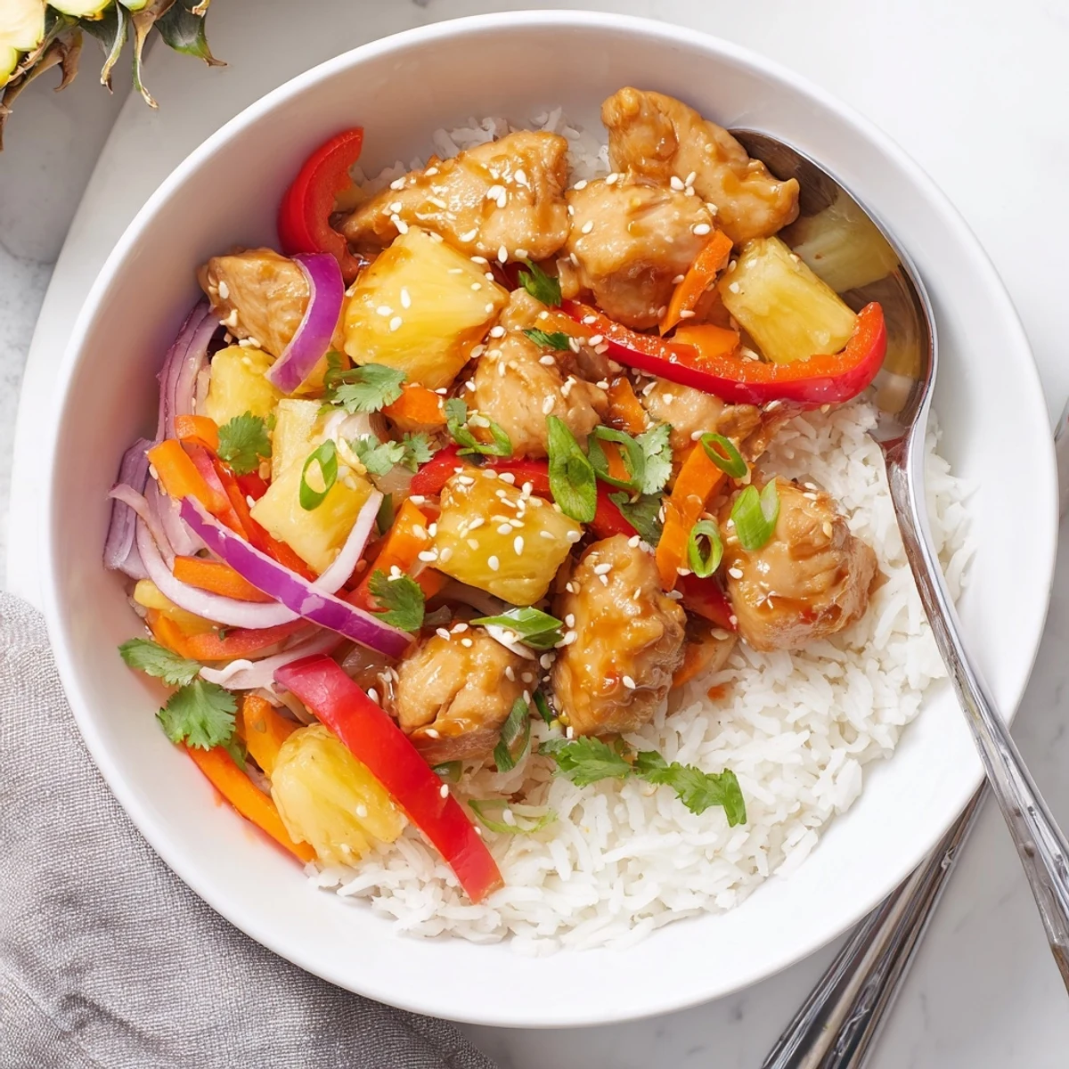Golden pineapple chicken rice bowl topped with sesame seeds and fresh cilantro