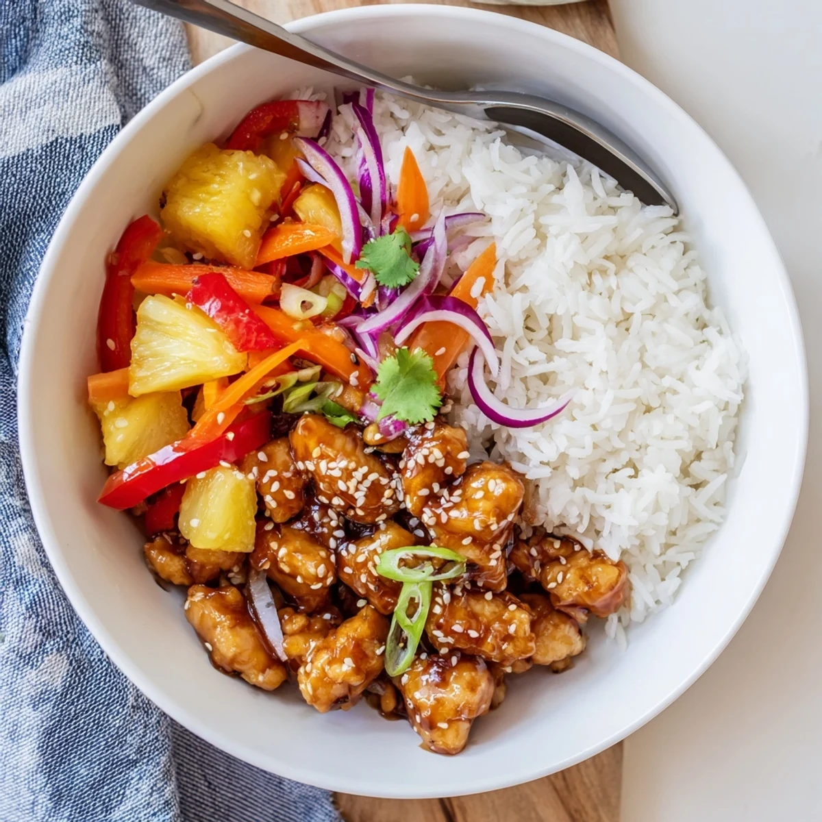 Steaming pineapple chicken rice bowl with colorful bell peppers and julienned carrots