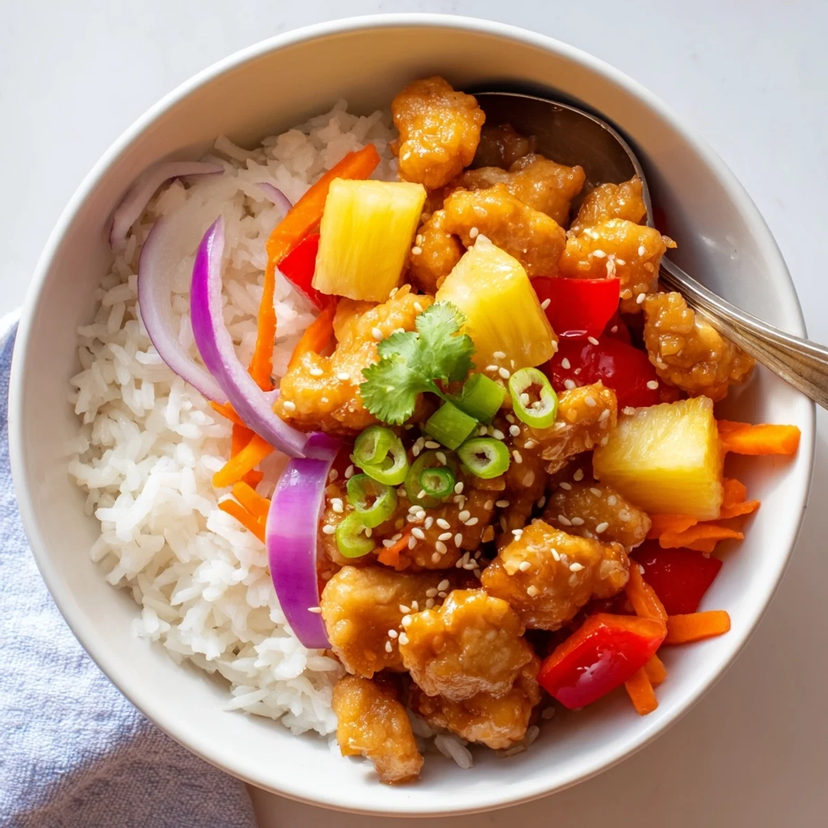 Sweet and savory pineapple chicken rice bowl served over fluffy jasmine rice